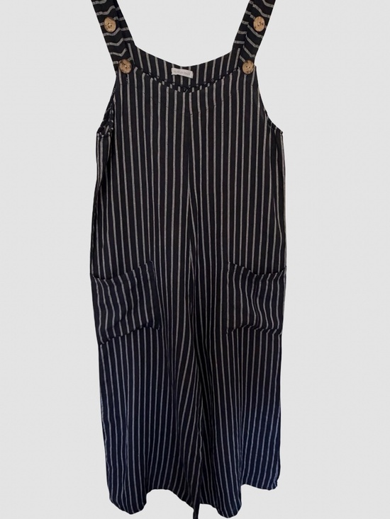 Pants - Italian Linen Dark Blue/White Button Overall Oversized Wide Leg Jumpsuit-Sz-S/M